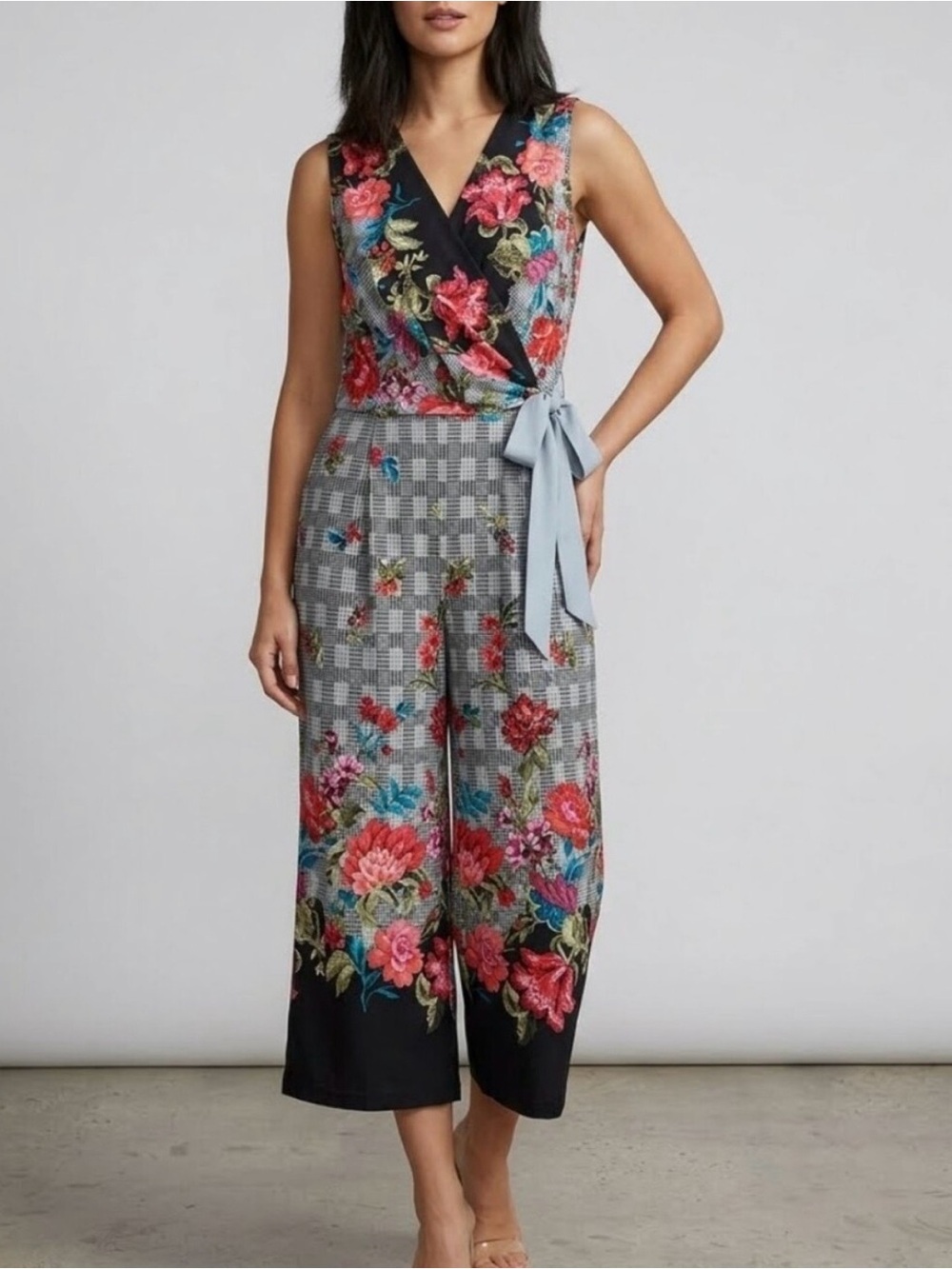 Emma & Michele Floral Wrap Jumpsuit in Black, Gray, Red, Pink, Blue